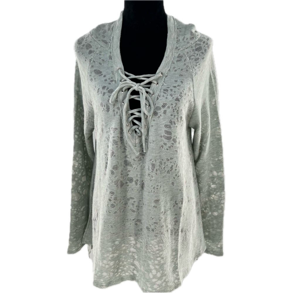 Anthropologie Maronie Lace Up V-Neck Hooded Top Distressed Sweater Size Medium